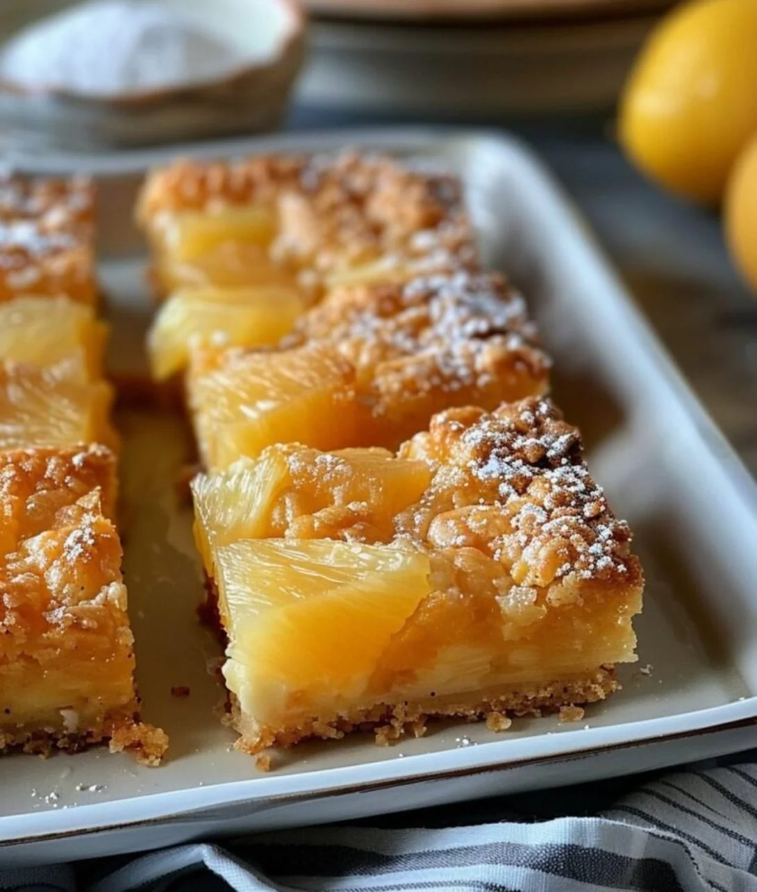 Delicious Pineapple Bliss Bars topped with coconut and pineapple slices.
