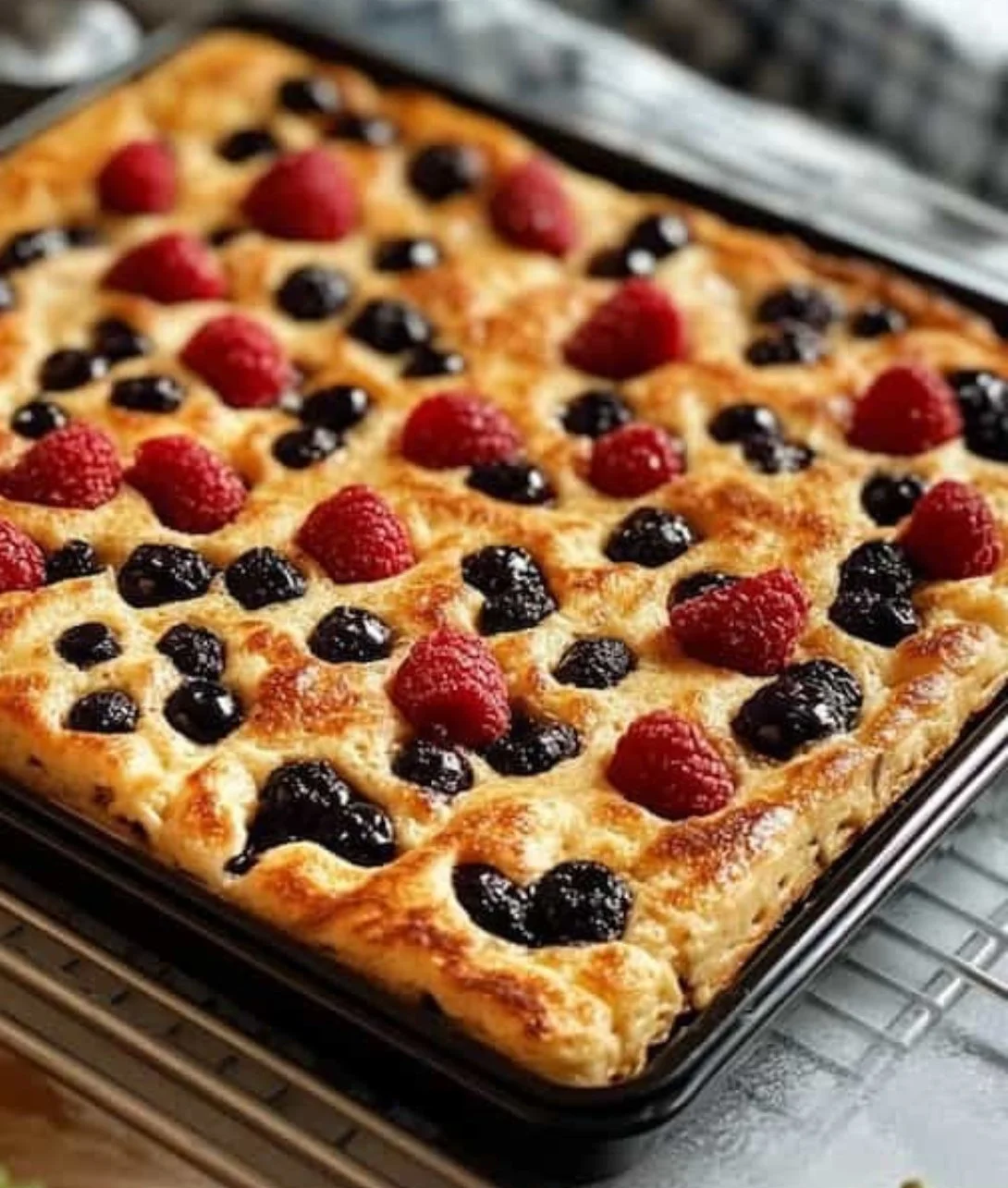 Delicious sheet pan pancakes served with fresh fruits and syrup