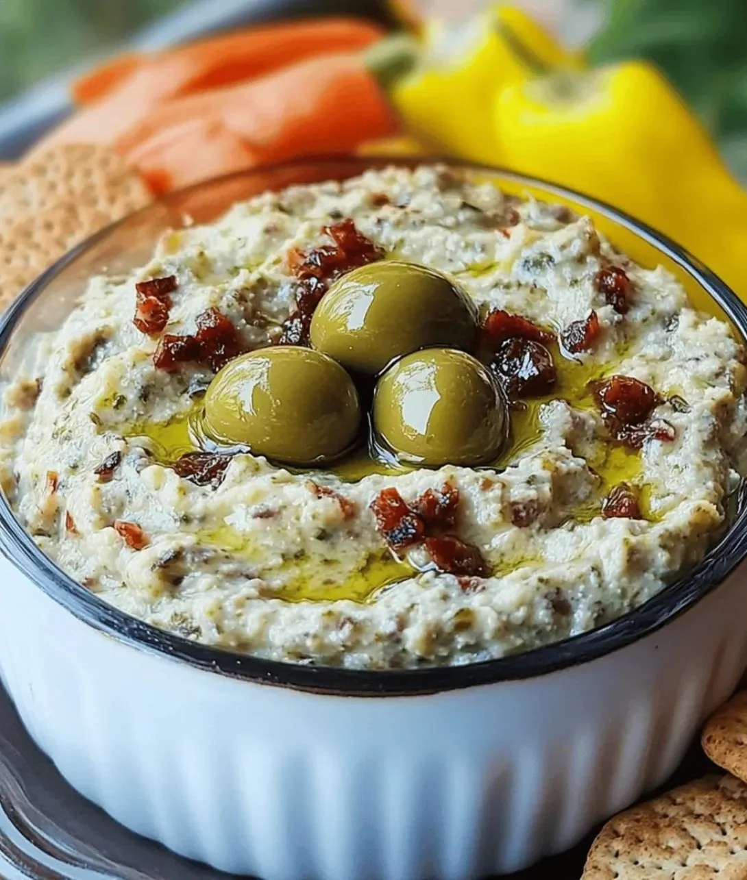 Delicious green olive dip served in a bowl with fresh herbs
