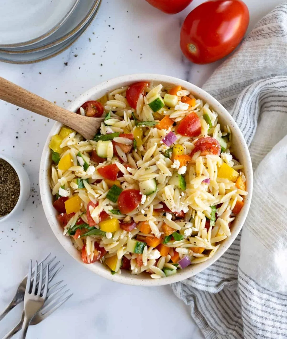 Colorful Rainbow Orzo Salad with fresh vegetables and vibrant colors