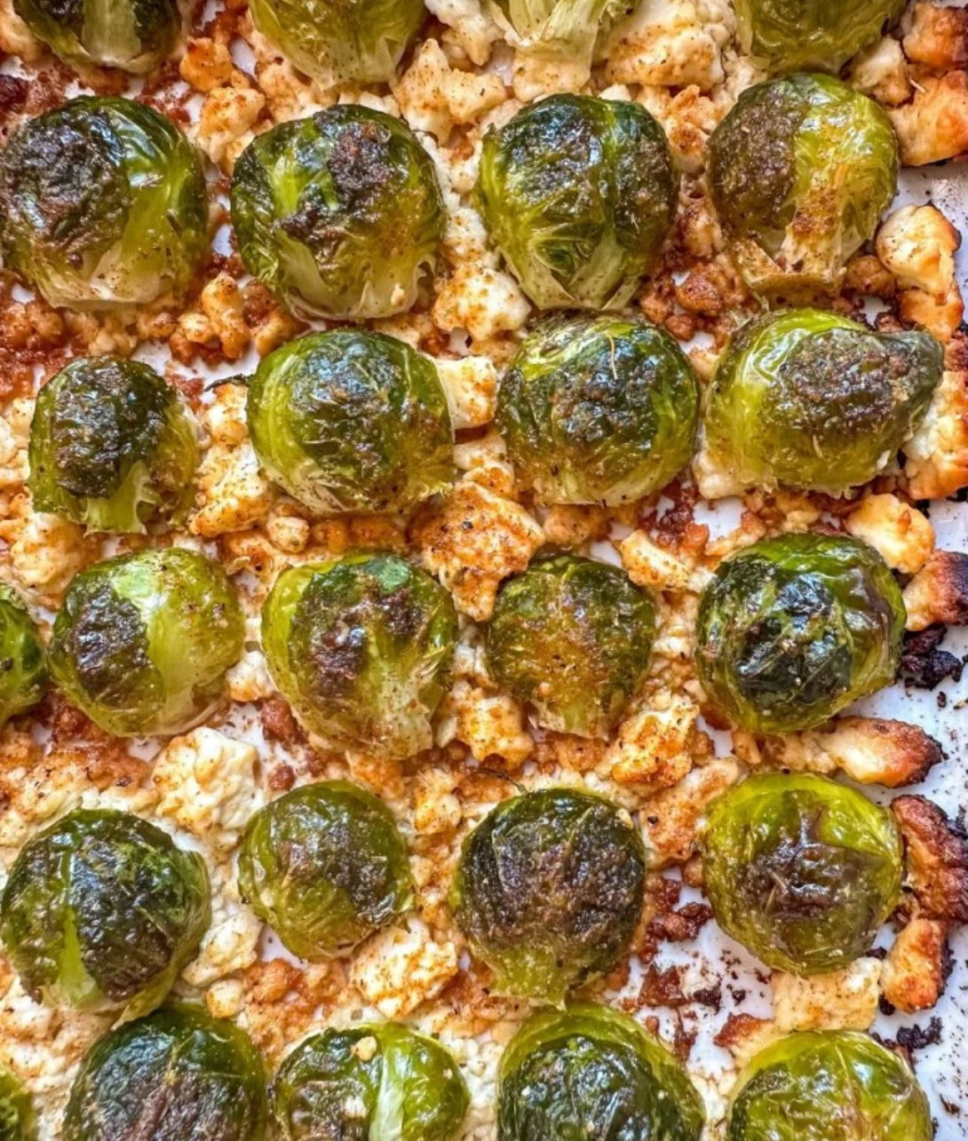 Oven-roasted Brussels sprouts topped with feta cheese