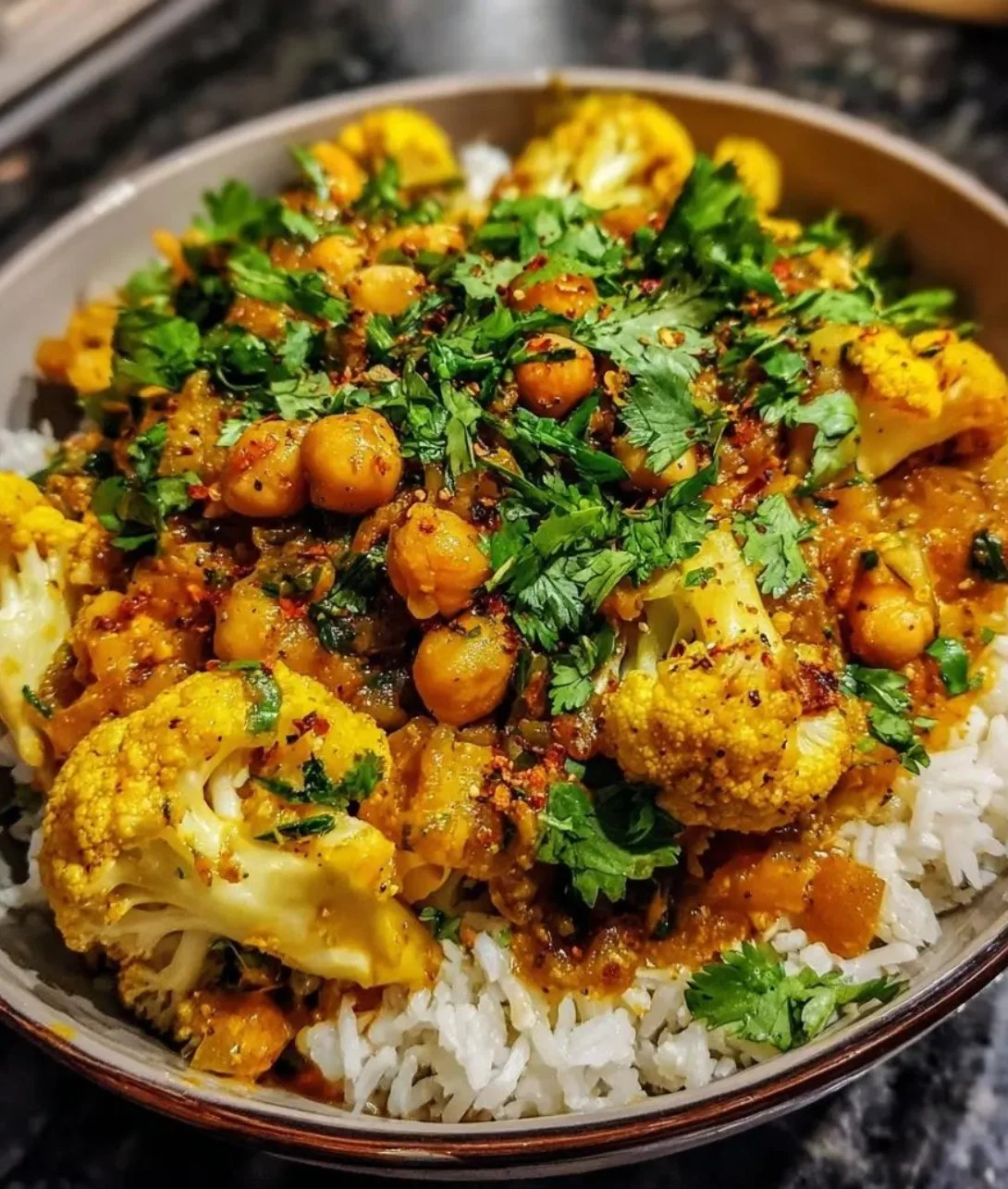 Bowl of roasted cauliflower and chickpea curry with spices and herbs.
