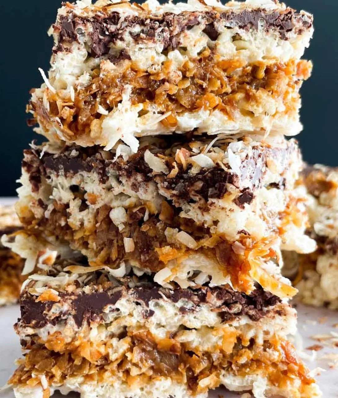 Delicious Samoa Rice Krispies treats with chocolate and coconut topping