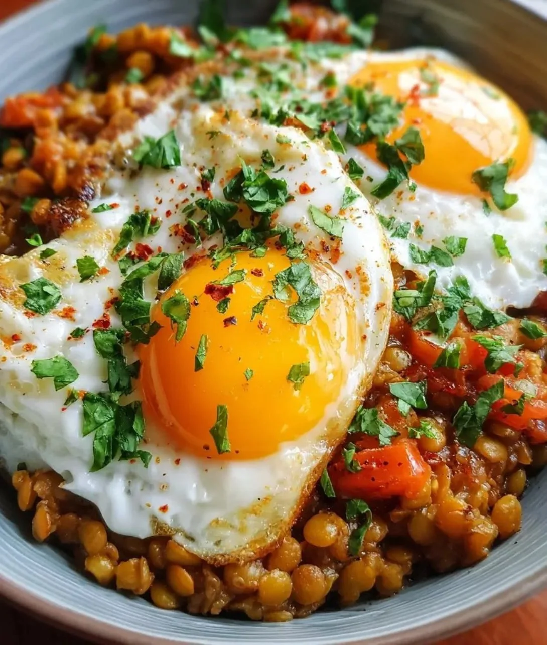Savory lentil breakfast bowl topped with fresh vegetables and eggs