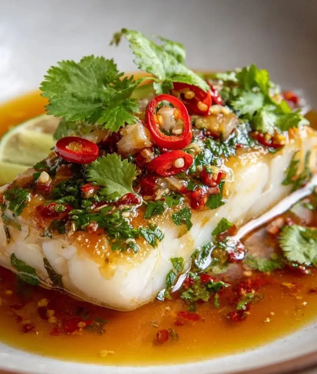 Savory Thai Coconut Lime Poached dish served in a bowl with garnishes.