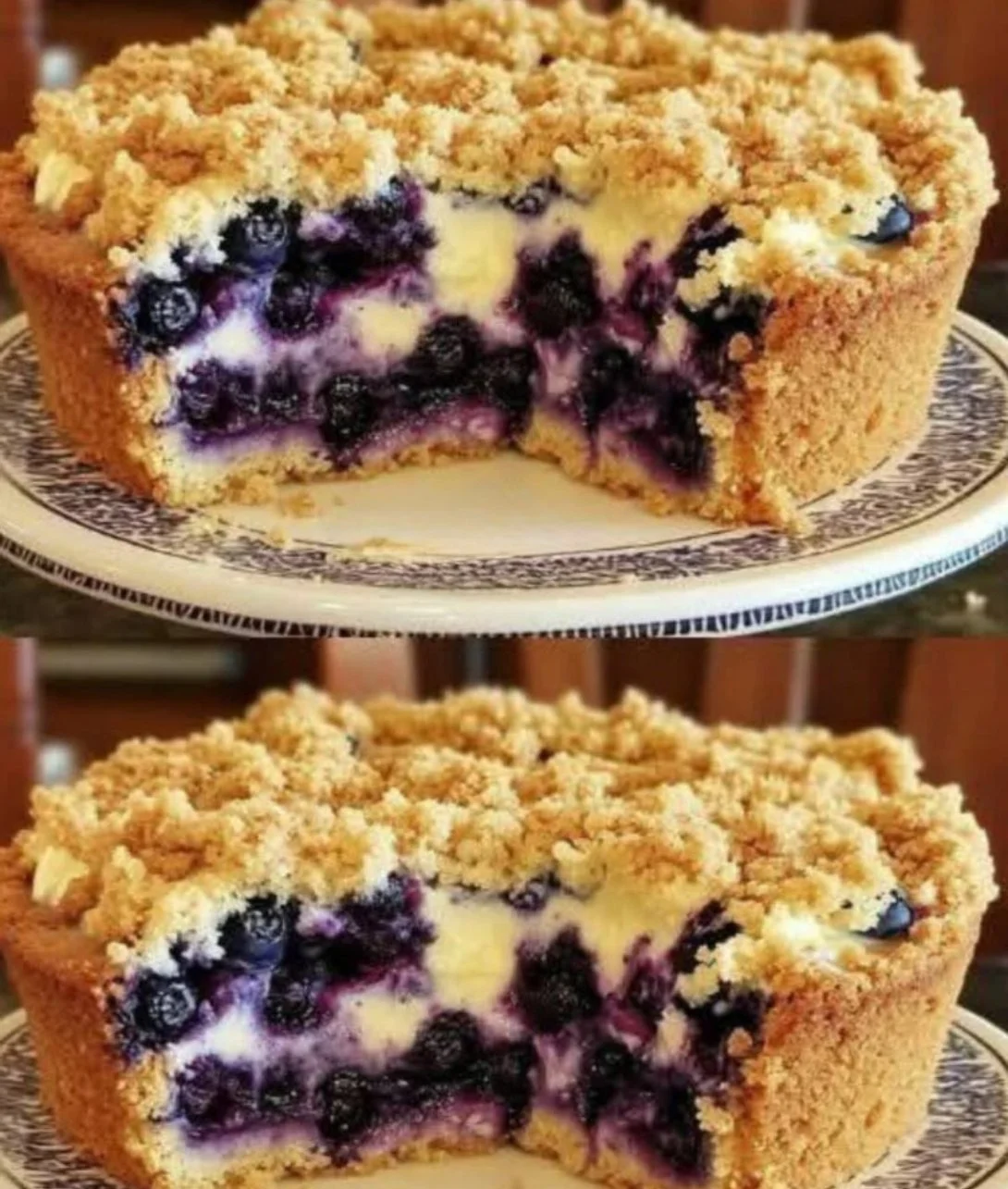 Sherry's Blueberry Cream Cheese Crumb Cake topped with a buttery crumble.