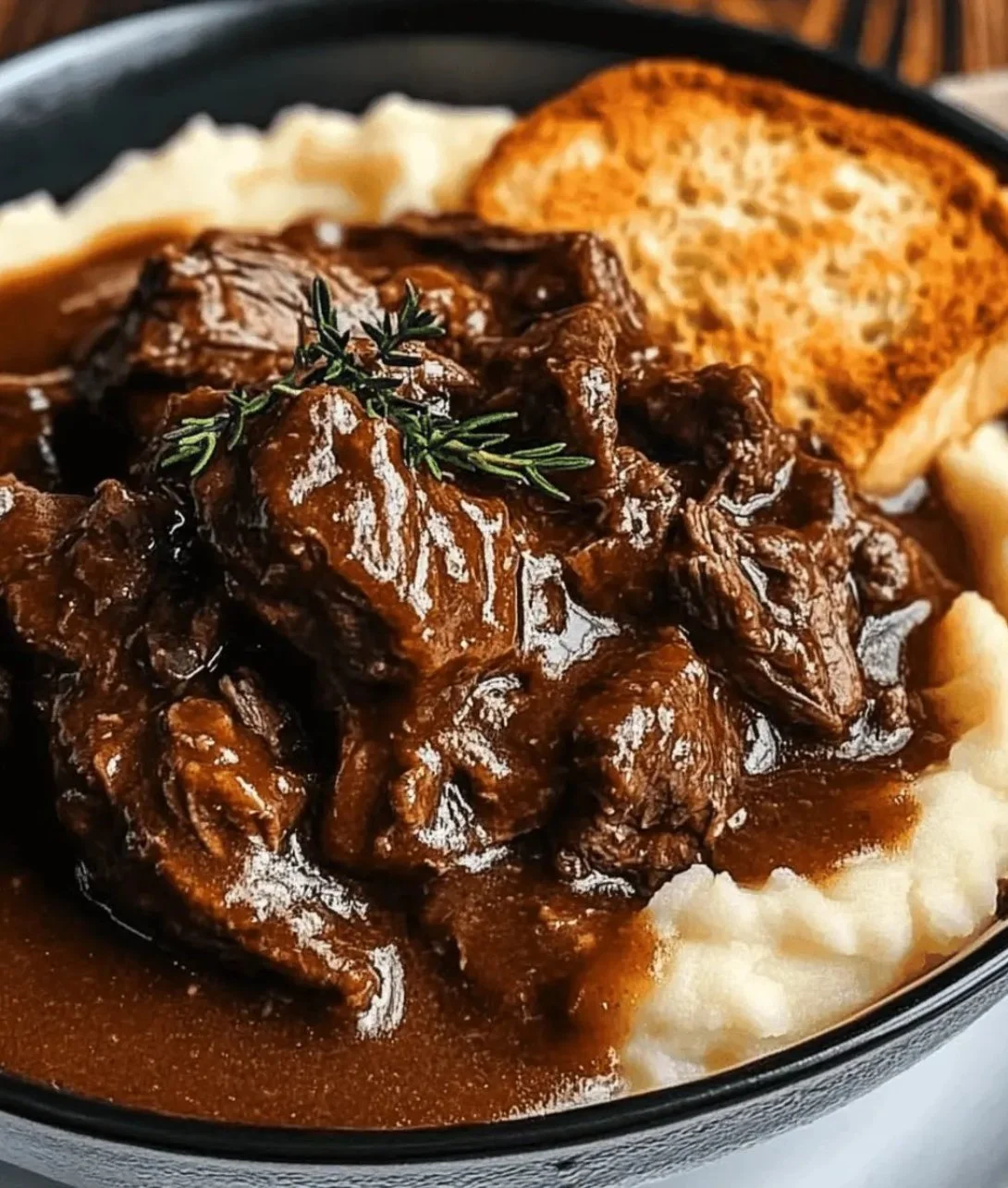 Slow Cooker Beef Manhattan served with gravy and vegetables
