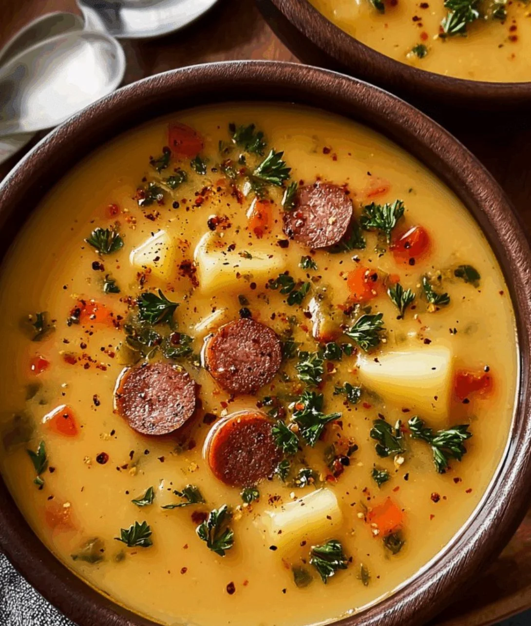 Bowl of slow cooker Cajun potato soup garnished with herbs