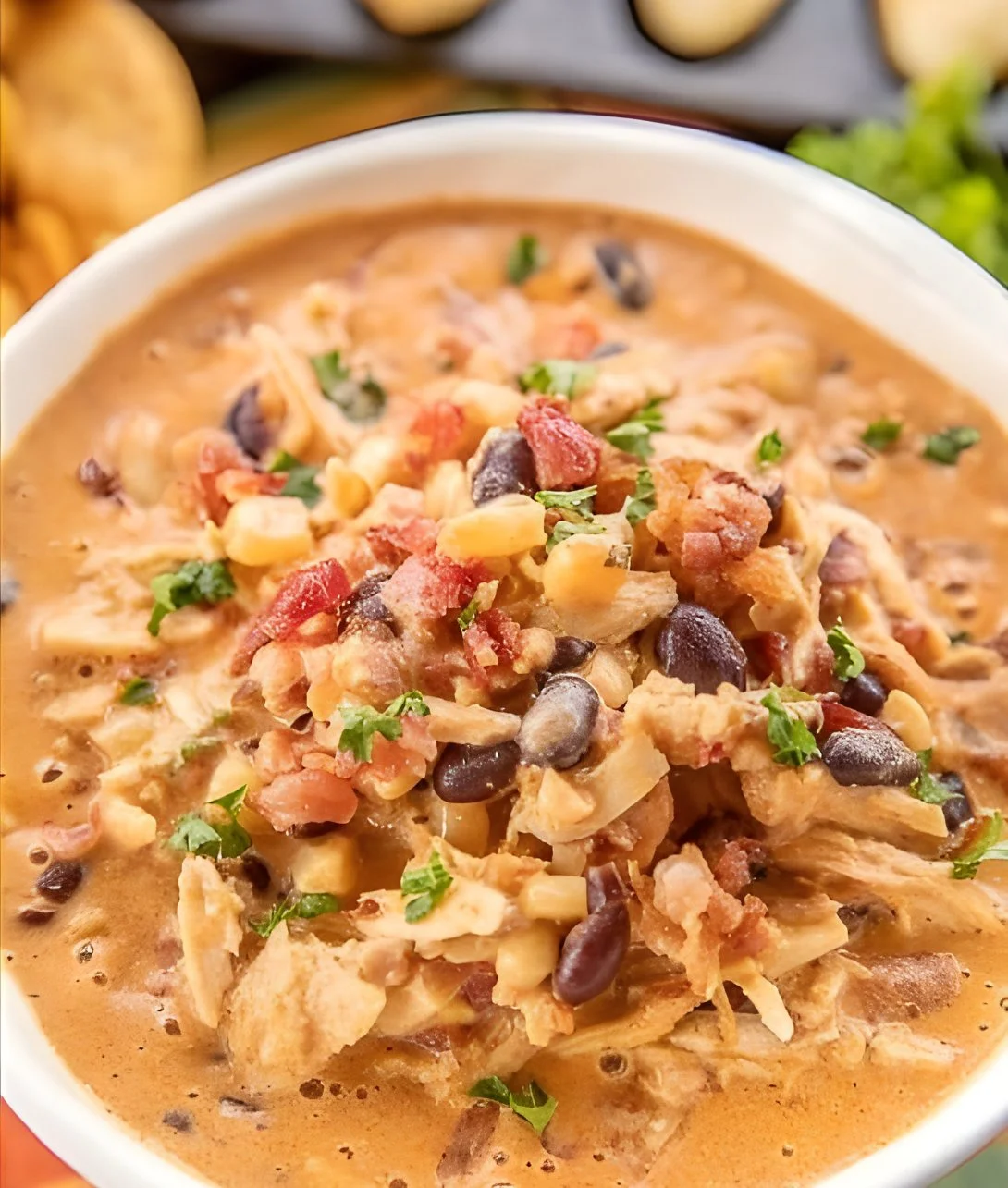 Delicious slow cooker cream cheese crack chicken chili in a bowl.