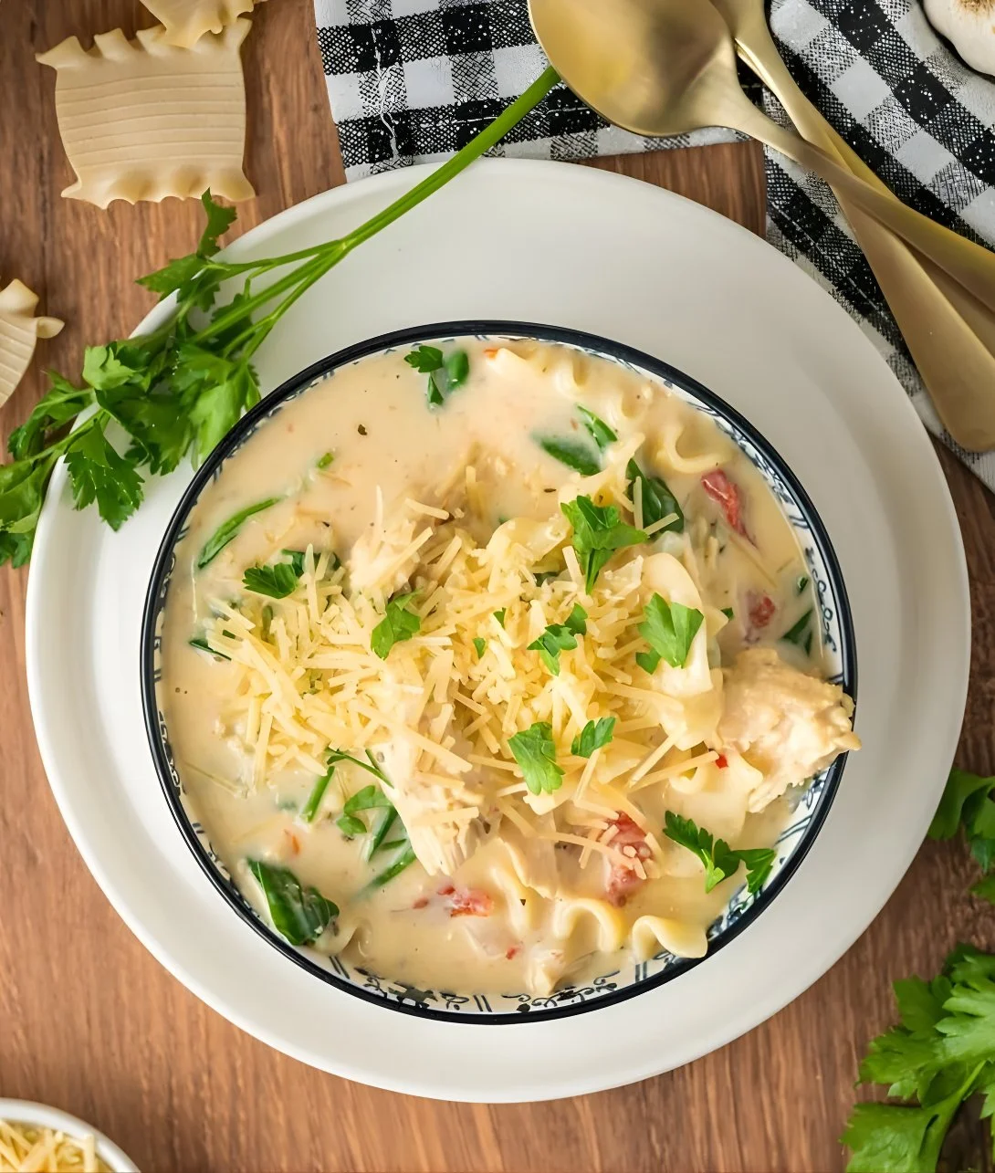 A bowl of Slow Cooker White Lasagna Soup garnished with herbs and cheese.