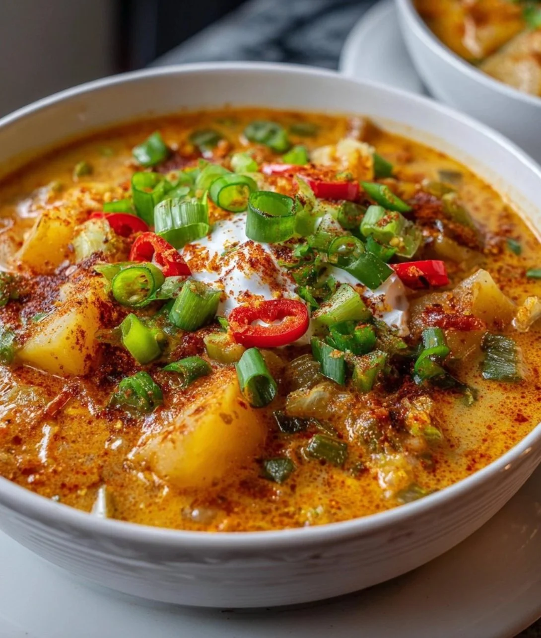 Bowl of spicy Cajun potato soup garnished with herbs and spices.
