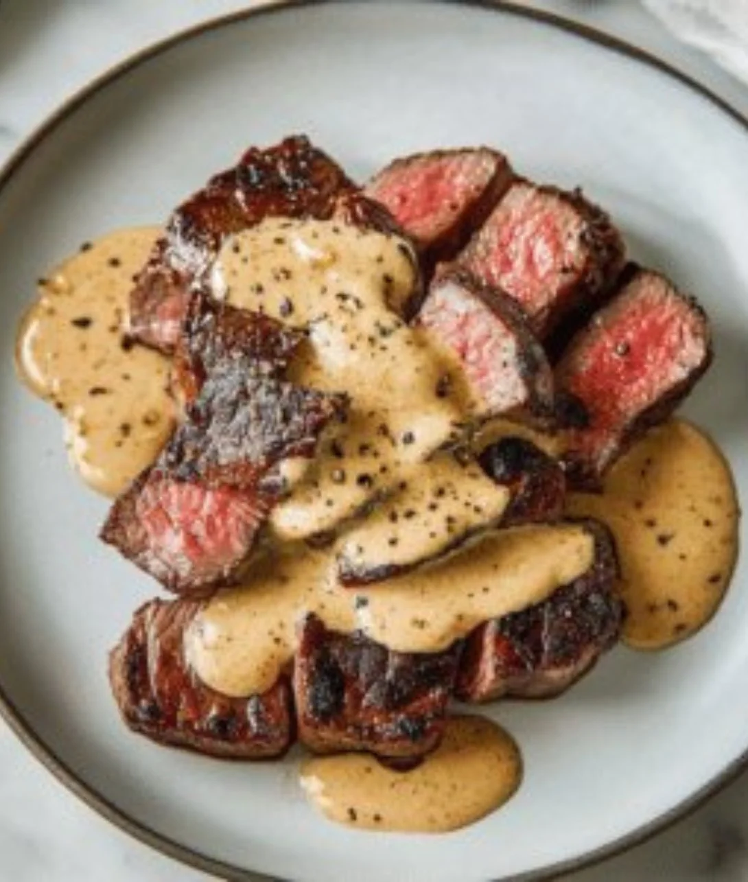 Delicious steak drizzled with bourbon garlic cream sauce on a plate