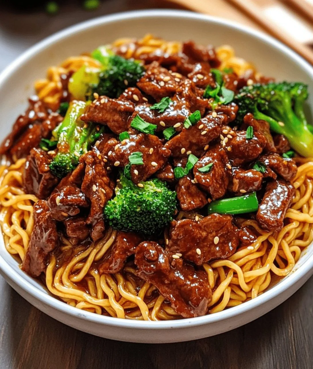 Plate of sticky beef noodles garnished with herbs and vegetables.