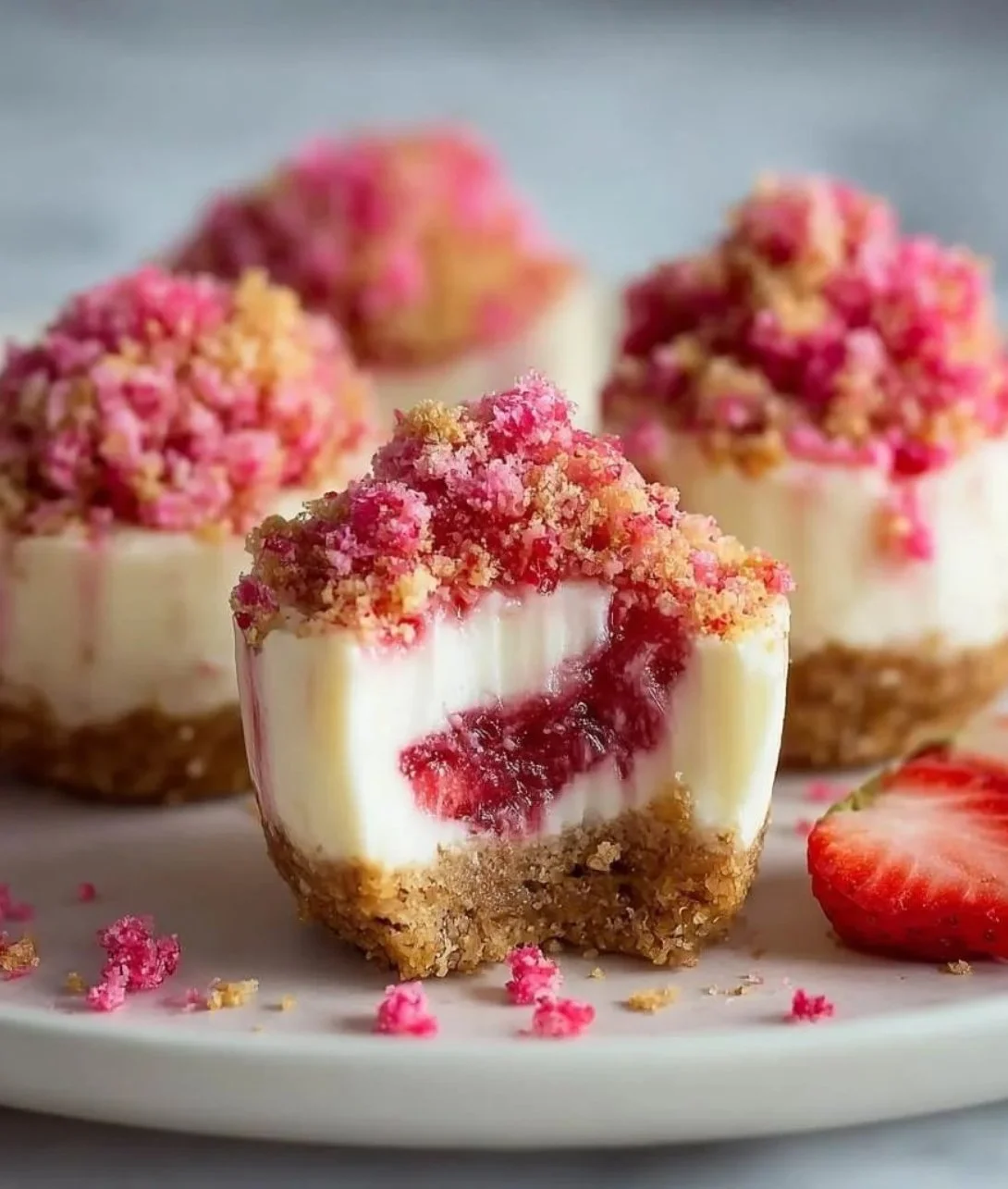 Strawberry Crunch Cheesecake Bites arranged on a platter