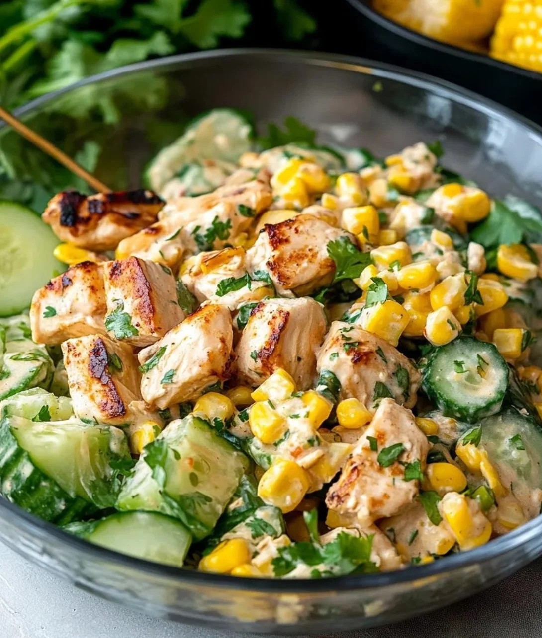 Creamy cucumber chicken salad with street corn garnish on a plate