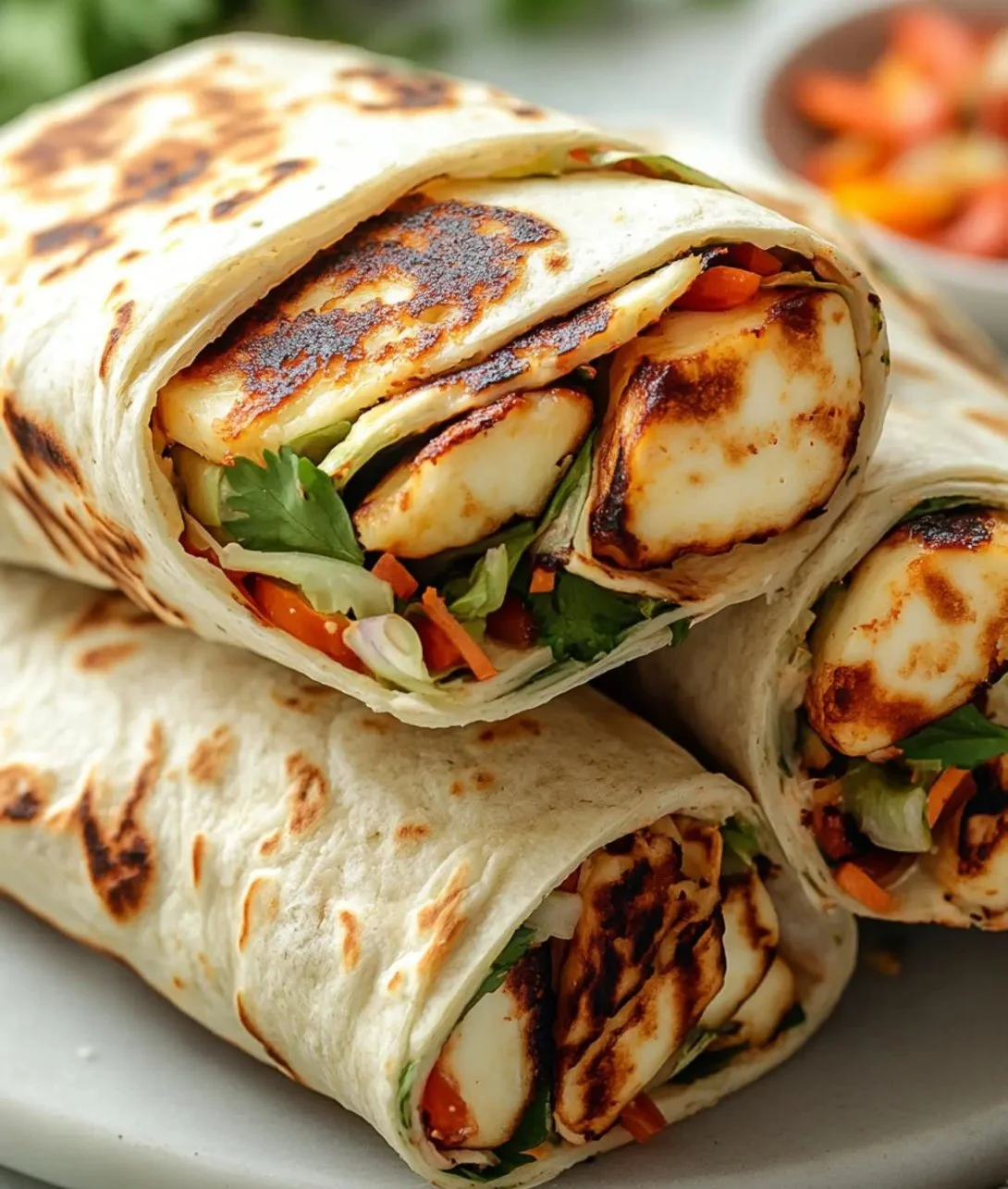 Sweet Chili Halloumi Wraps with fresh veggies and zesty sauce