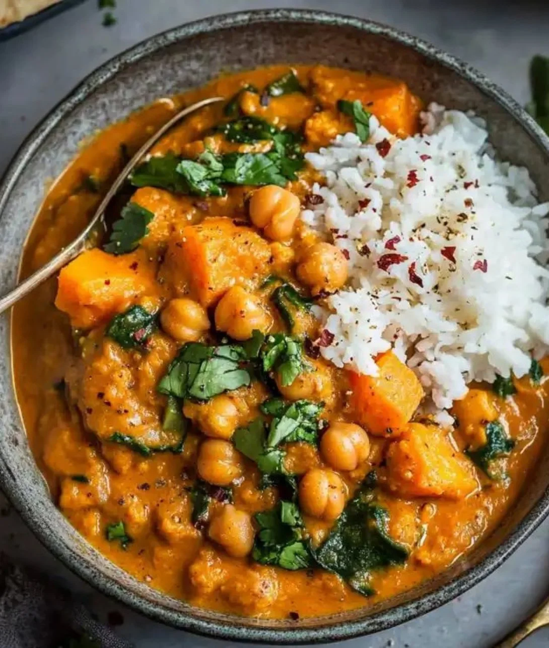 Bowl of sweet potato and chickpea curry garnished with fresh herbs