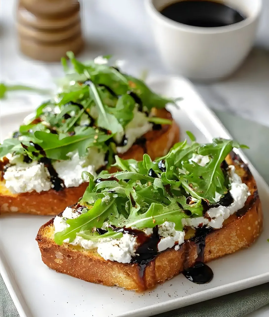 Delicious arugula toast topped with cottage cheese and garnished with fresh herbs