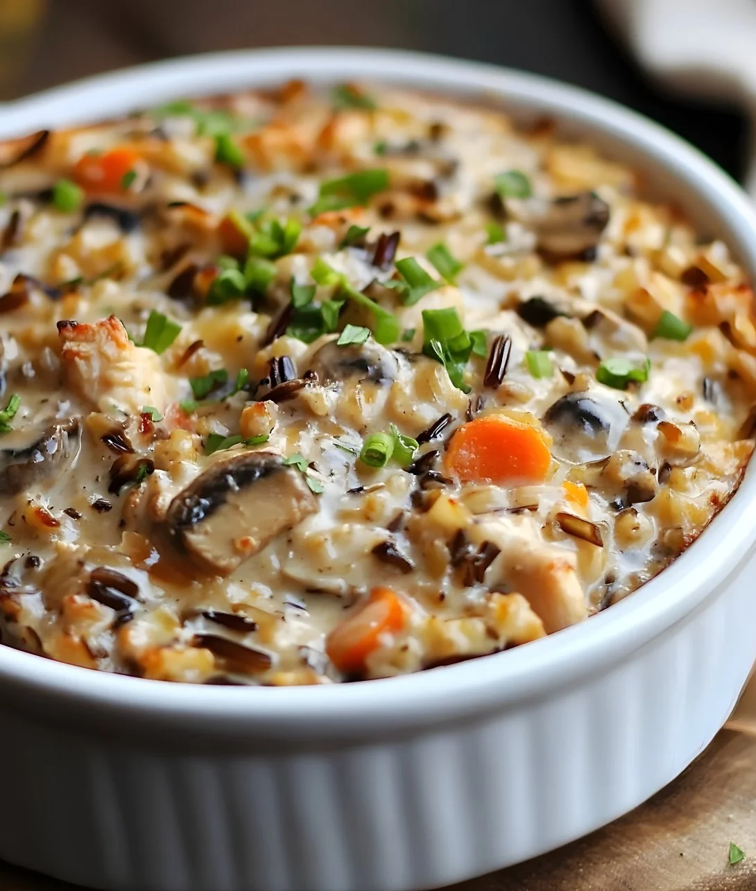 Delicious Ultimate Chicken Wild Rice Casserole served in a dish
