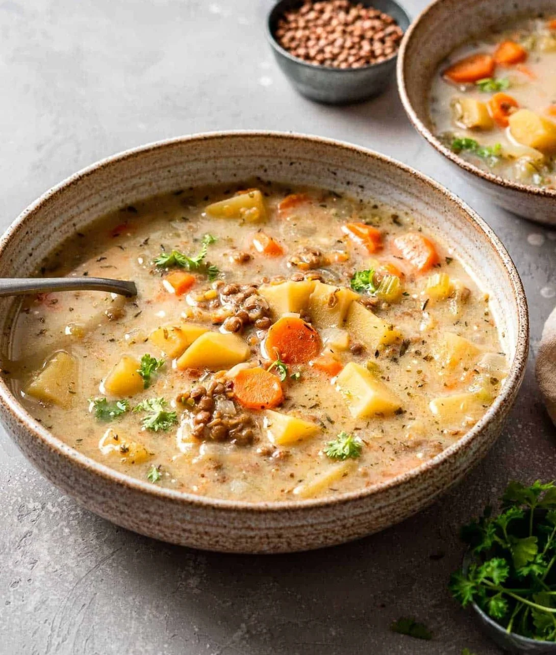 Bowl of delicious vegetarian lentil soup topped with herbs and spices