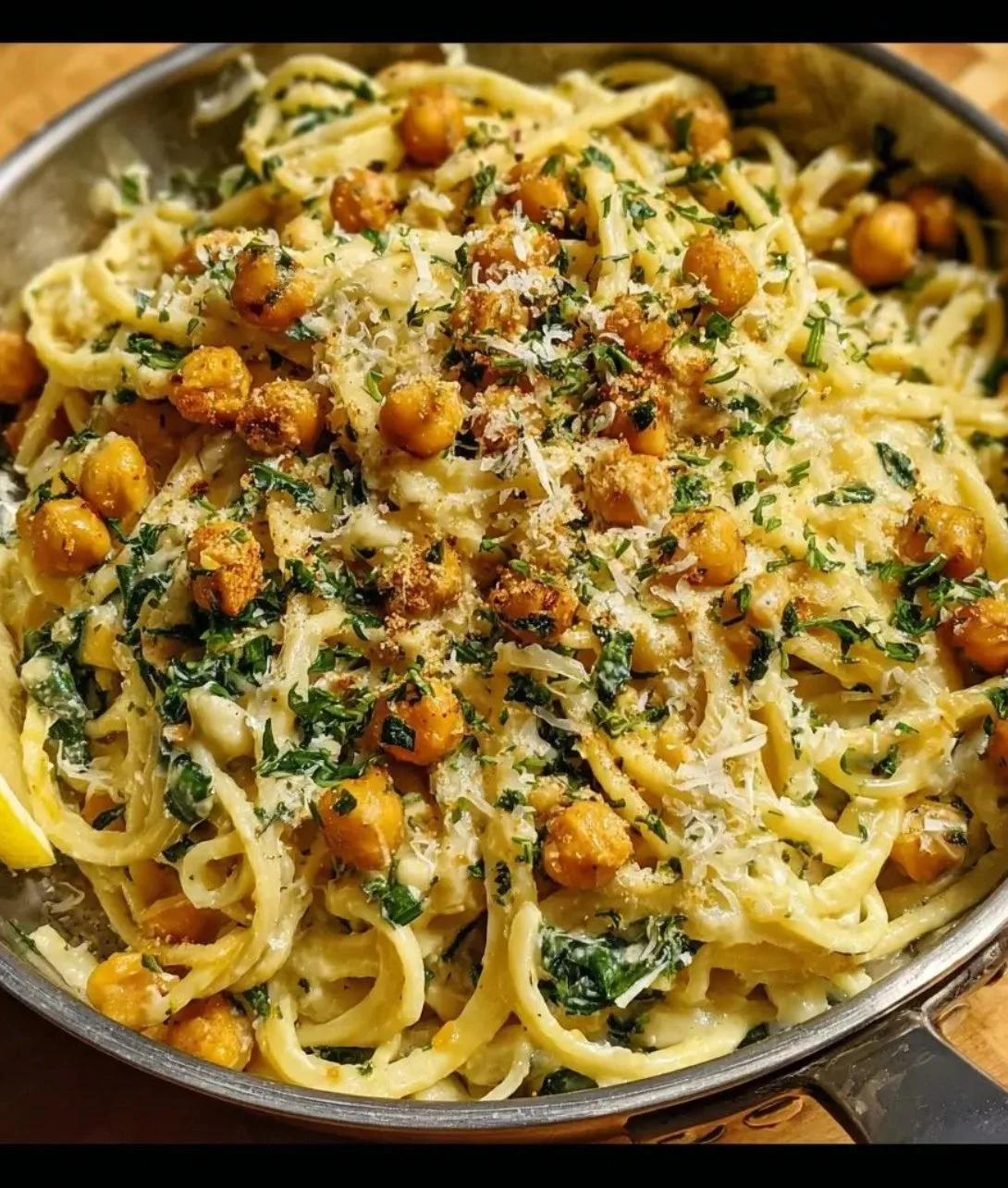 Plate of zesty lemon chickpea pasta with fresh herbs and lemon slices