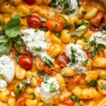 Creamy tomato gnocchi with burrata served in a bowl