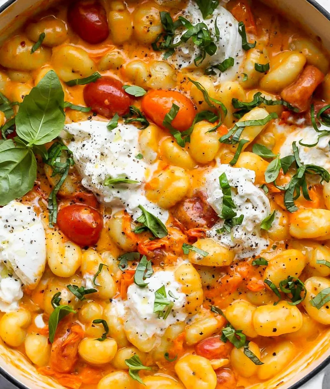 Creamy tomato gnocchi with burrata served in a bowl