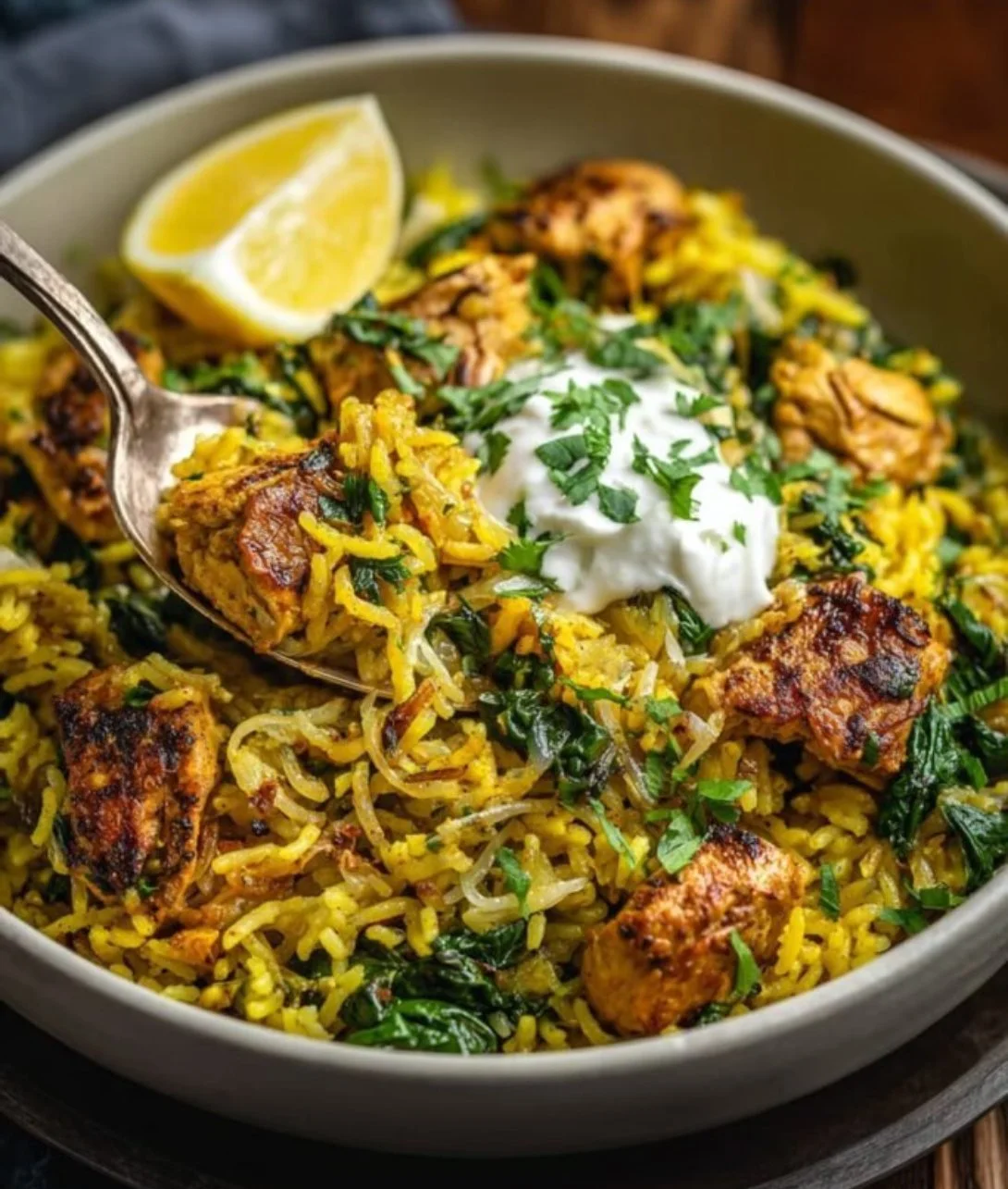 Plate of anti-inflammatory turmeric chicken and rice garnished with herbs.