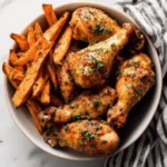 Baked chicken drumsticks served with sweet potato fries on a plate.