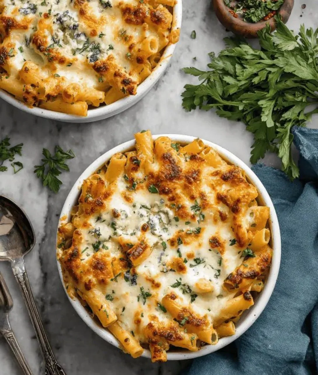 Delicious Baked Ziti with Hidden Ricotta topped with cheese and fresh herbs