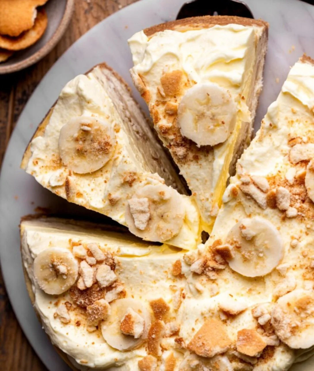 Deliciously layered Banana Pudding Cheesecake with bananas and whipped cream.