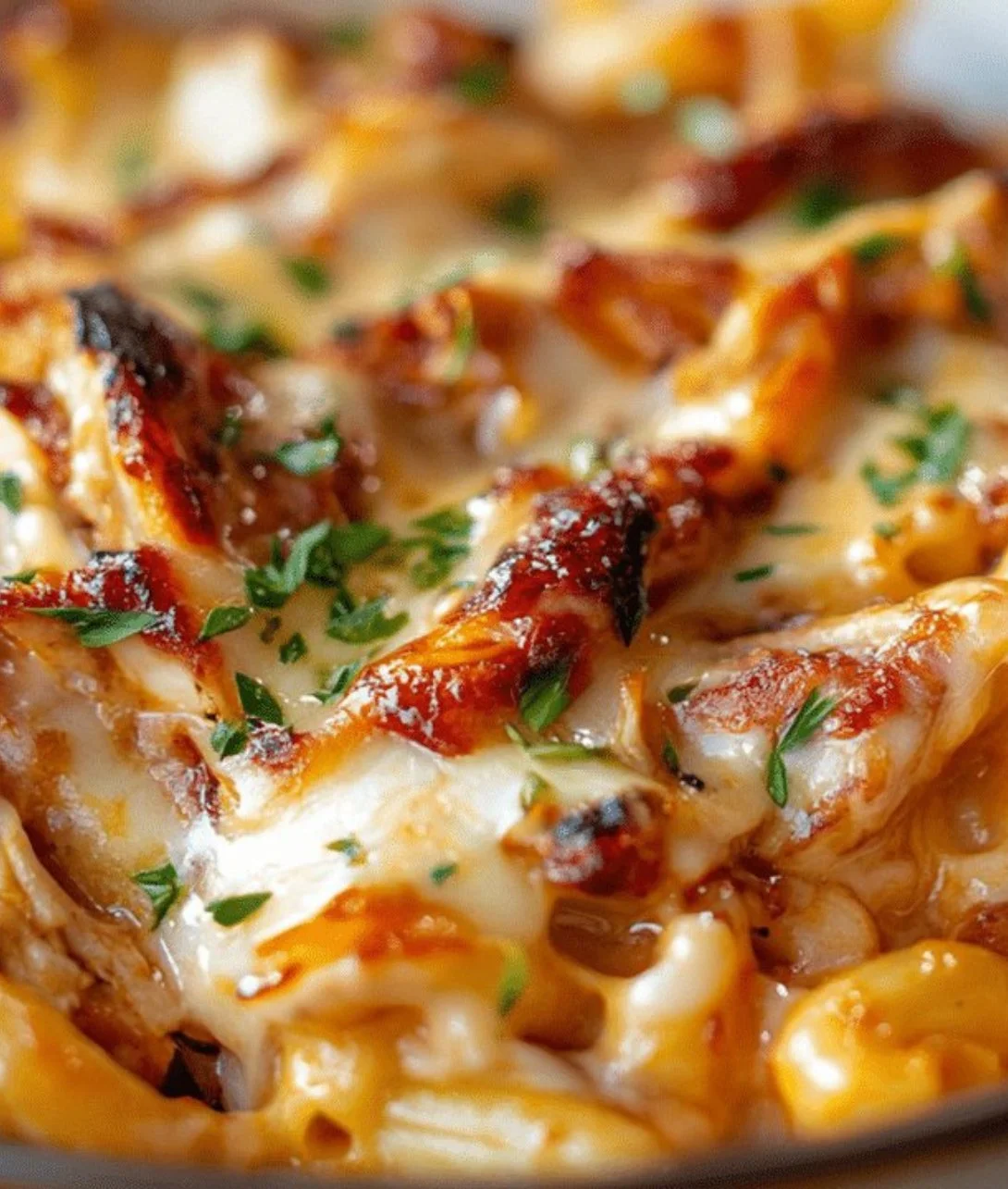 Delicious BBQ Chicken Mac and Cheese served in a bowl with cheese and herbs