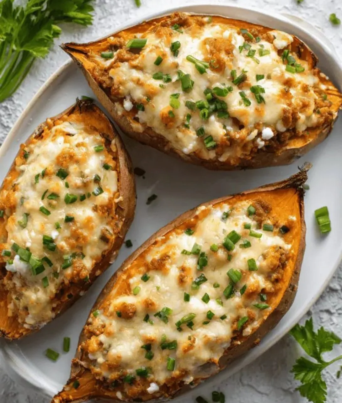 Beef and cheese stuffed sweet potatoes ready to serve
