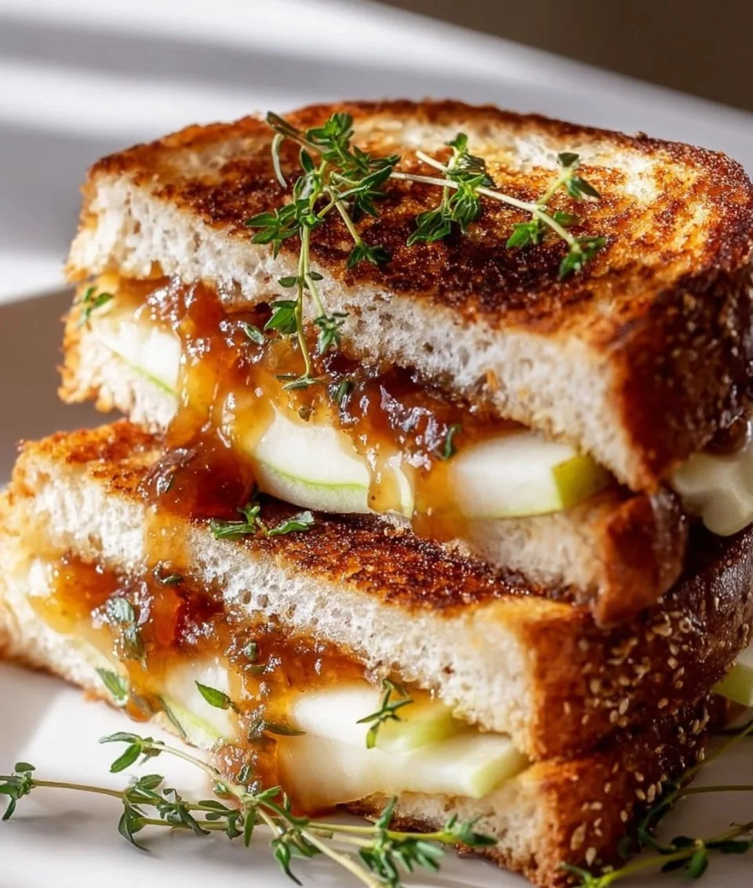 Apple Butter Brie Grilled Cheese sandwich with crispy golden bread