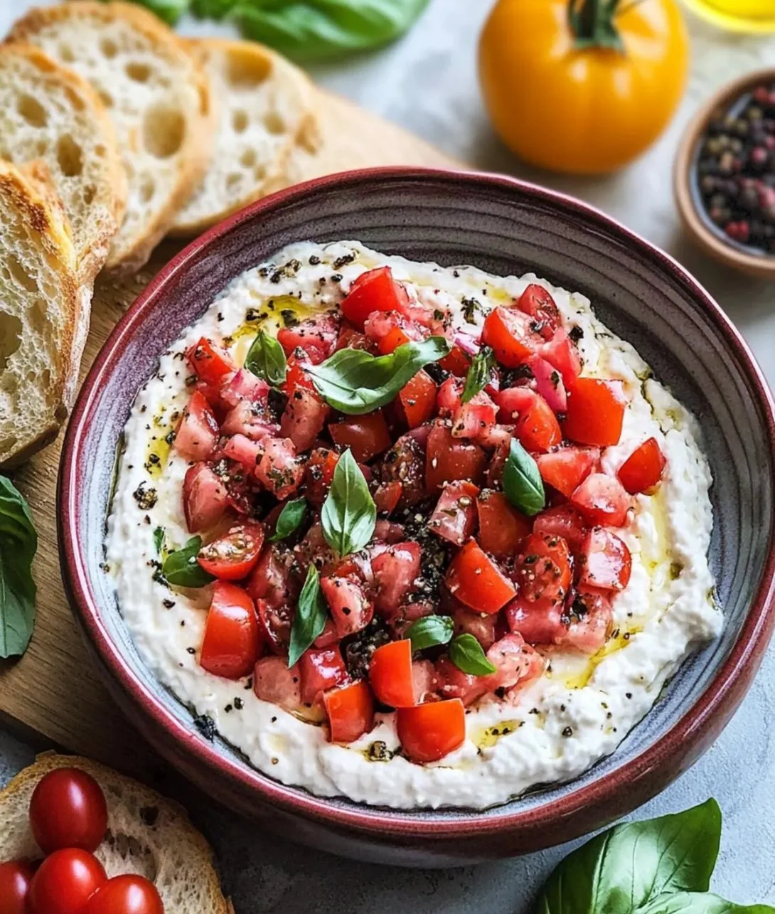 Creamy Boursin Bruschetta Dip served with crispy bread and fresh toppings.