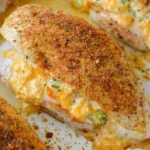 Broccoli cheddar stuffed chicken served on a plate with vegetables