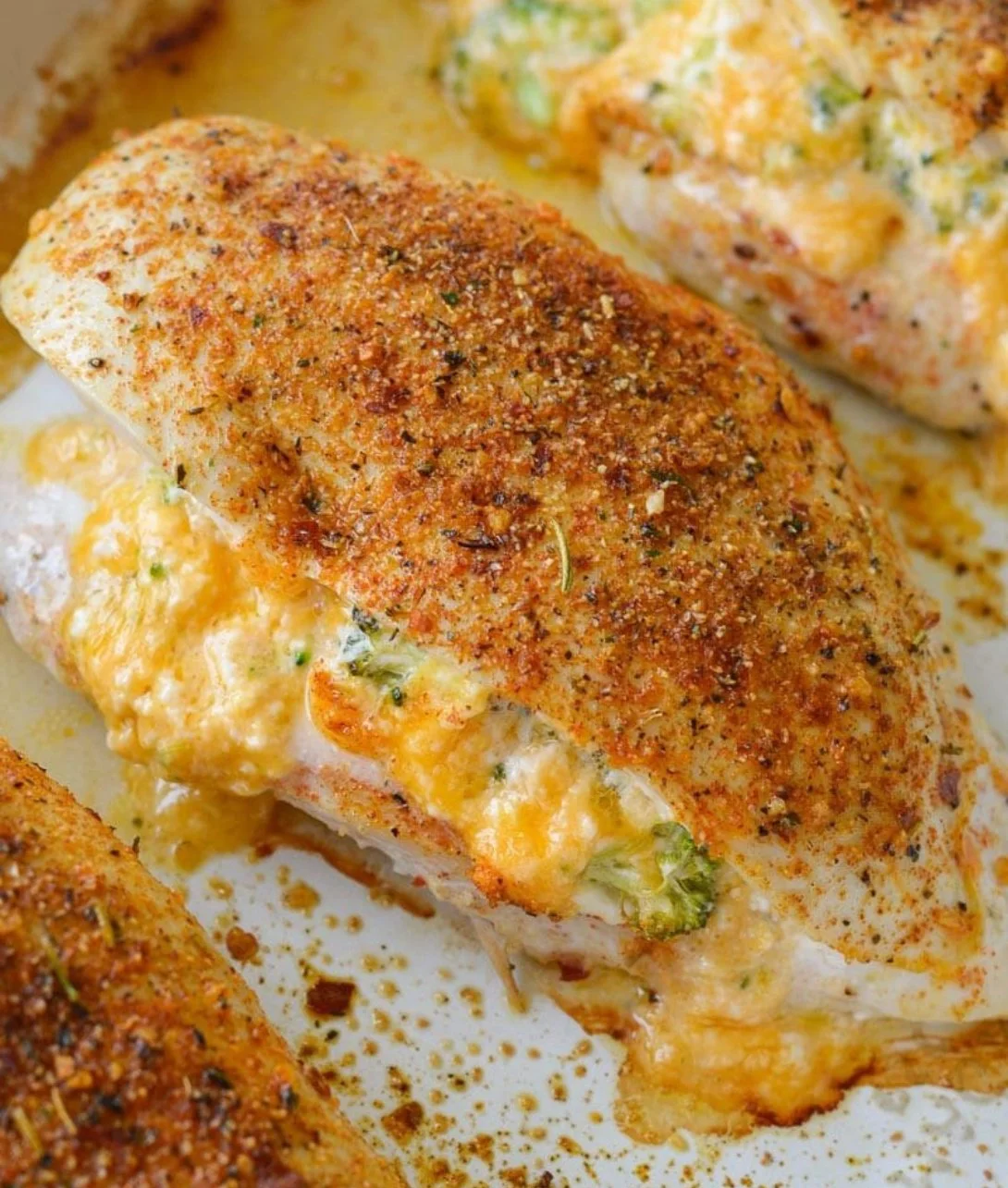 Broccoli cheddar stuffed chicken served on a plate with vegetables