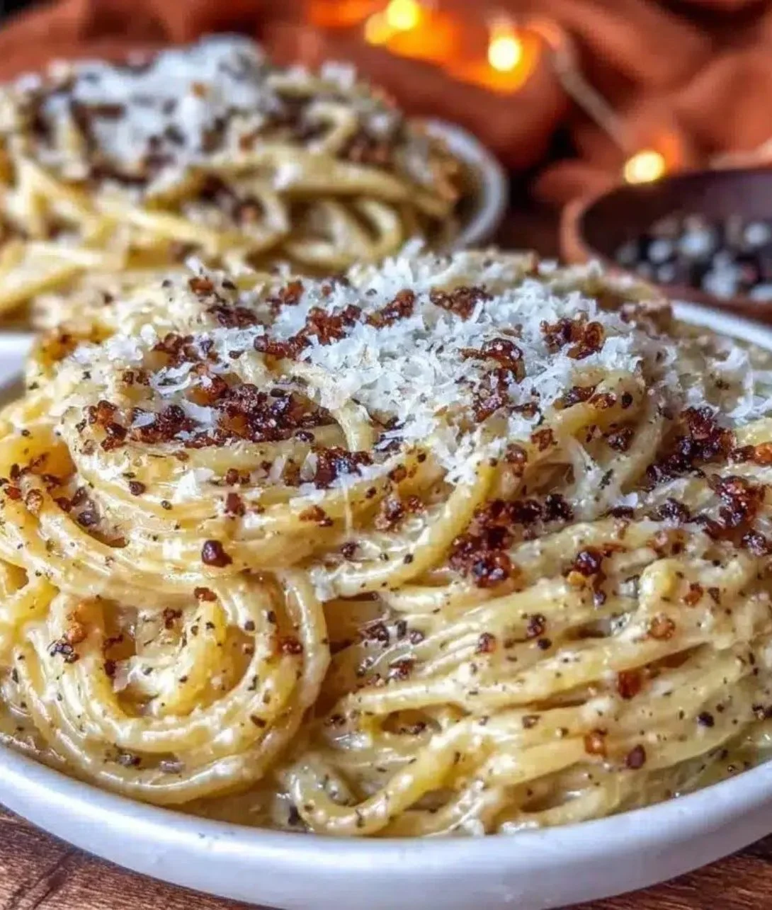 Plate of Cacio and Pepper pasta served for two