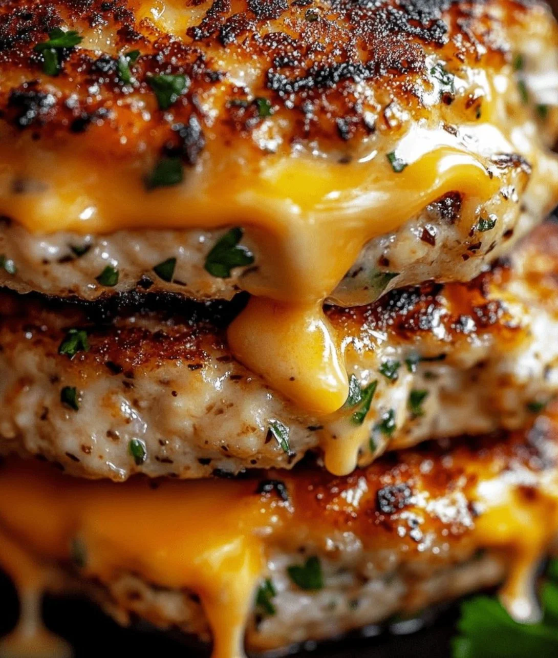 Cheddar Ranch Chicken Burgers with melted cheese and ranch dressing on a grill