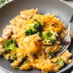 Cheesy broccoli chicken and rice casserole baked to perfection