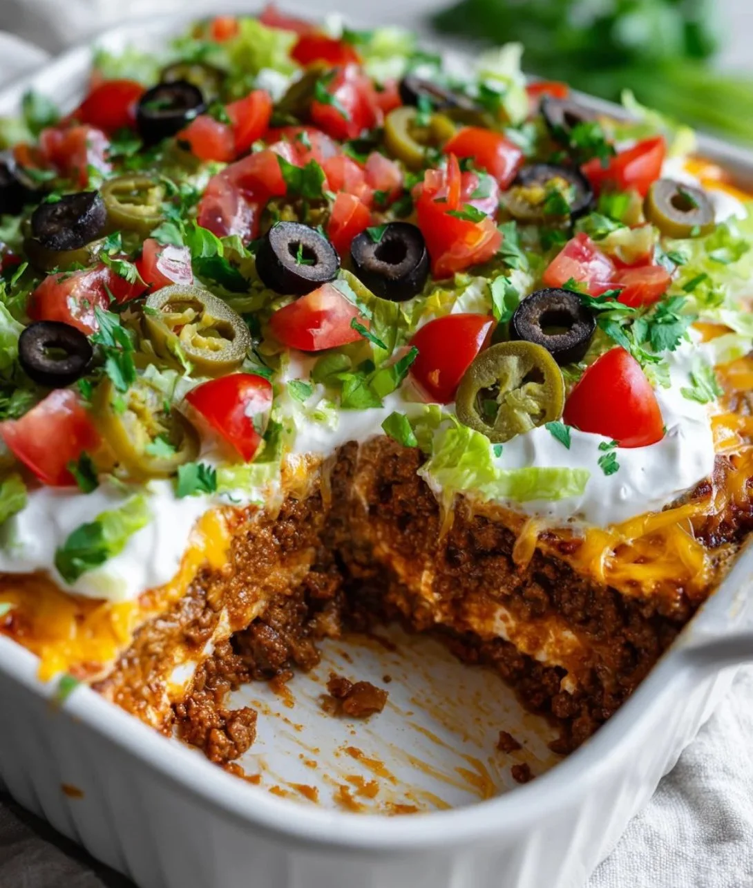 Cheesy low carb taco casserole topped with melted cheese and fresh ingredients