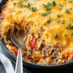 Bowl of Cheesy Taco Rice with toppings on a table