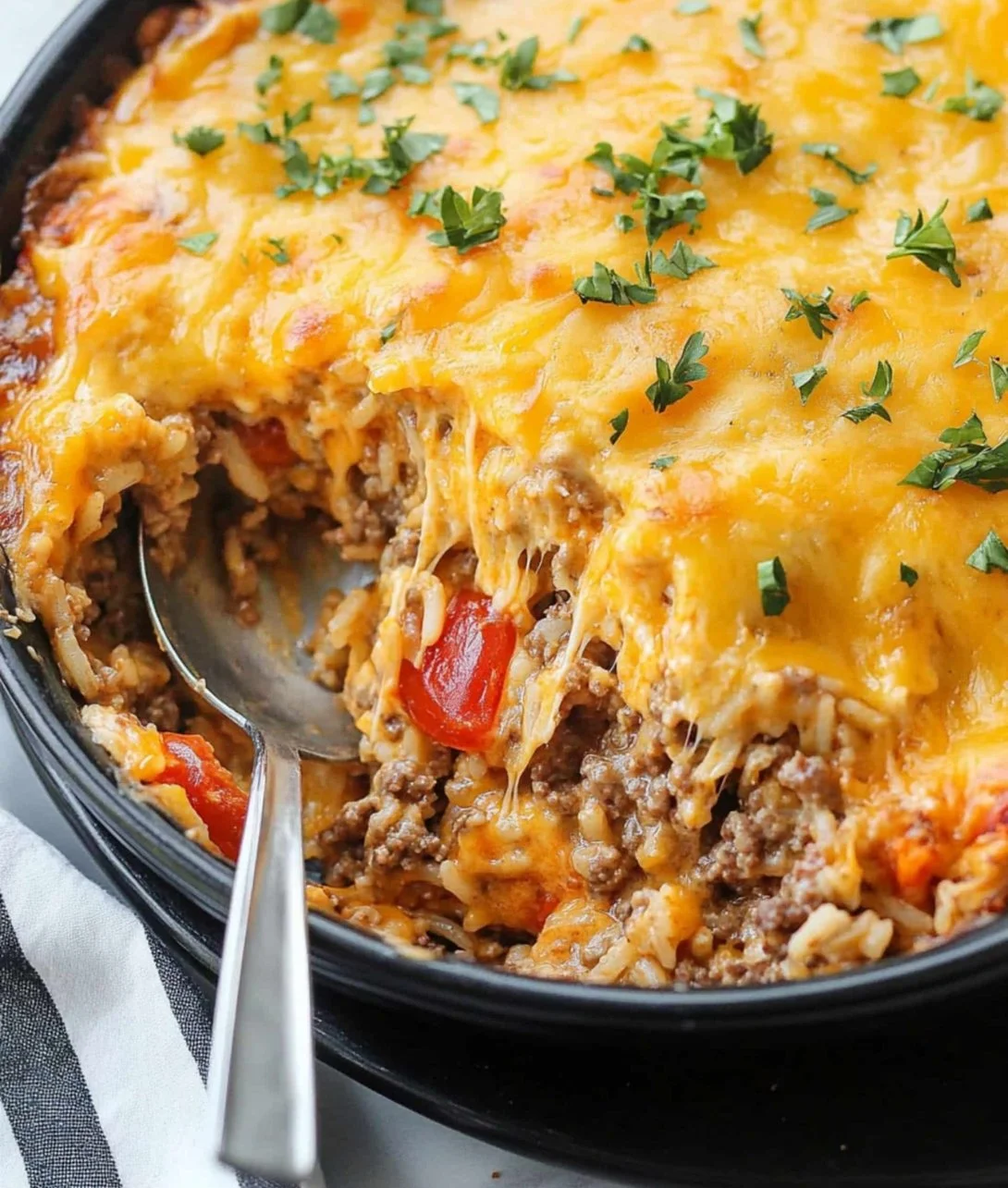 Bowl of Cheesy Taco Rice with toppings on a table