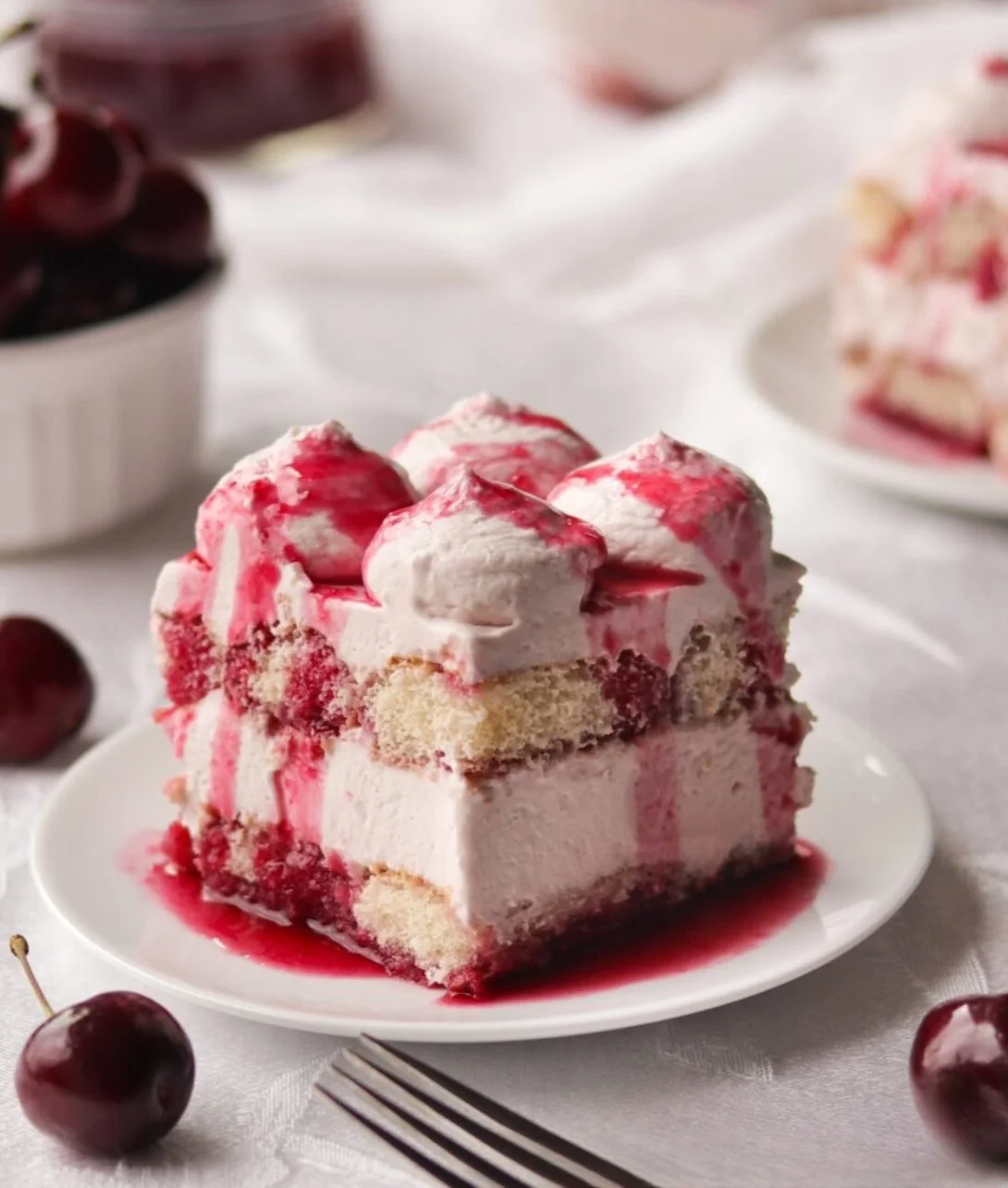 Delicious Cherry Amaretto Tiramisu dessert served in a glass