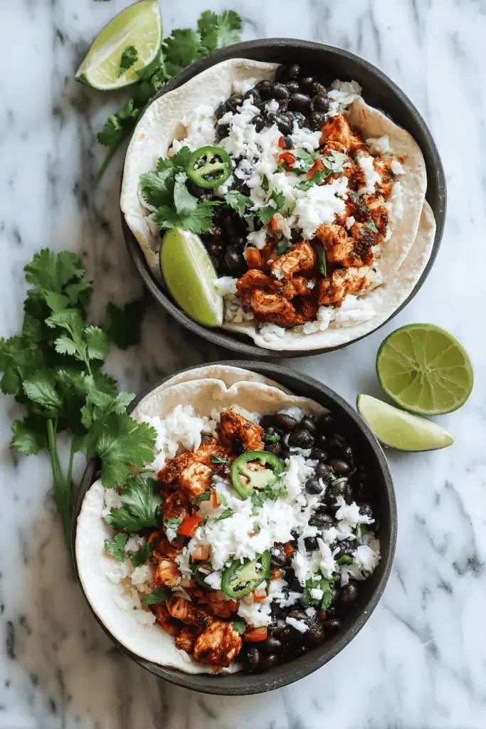 Chicken and Black Bean Quesadilla Bowls garnished with fresh ingredients