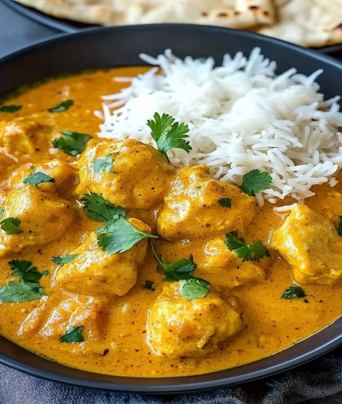 Delicious chicken curry served in a bowl with rice and spices