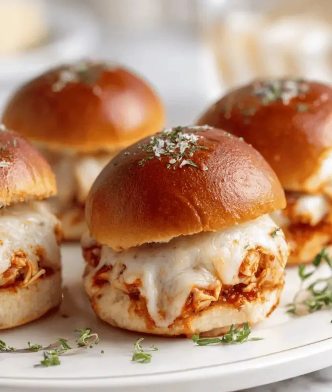 Chicken Parmesan Sliders with cheese and marinara sauce on a platter