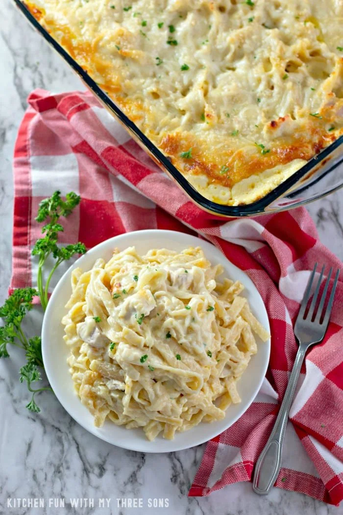Delicious Chicken Tetrazzini casserole with pasta, chicken, and creamy sauce