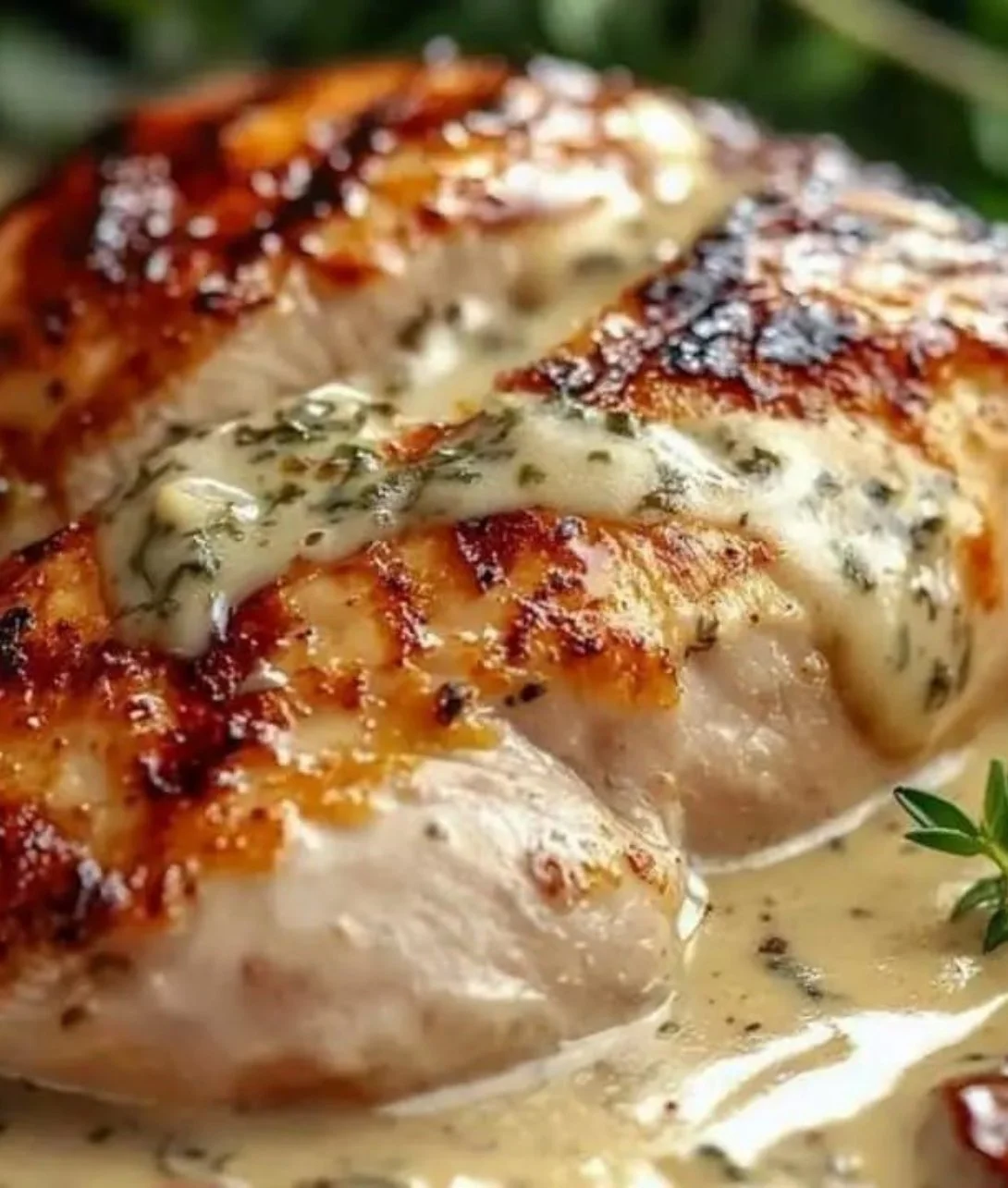 Plate of chicken with Boursin sauce, garlic, and fine herbs on a rustic table