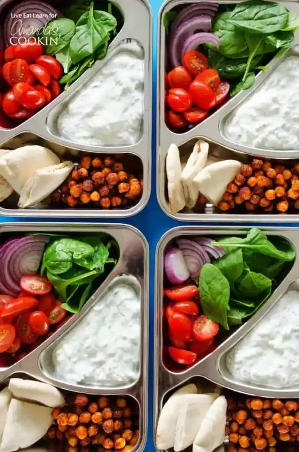 Chickpea gyro lunch box with fresh vegetables and Mediterranean flavors